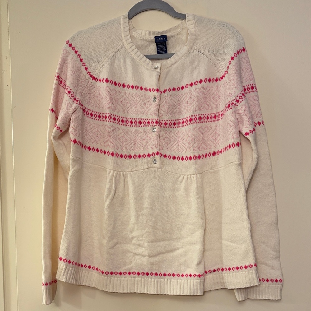 3 for 25! Basic Editions Women’s Cream and Pink Patterned Sweater, size L